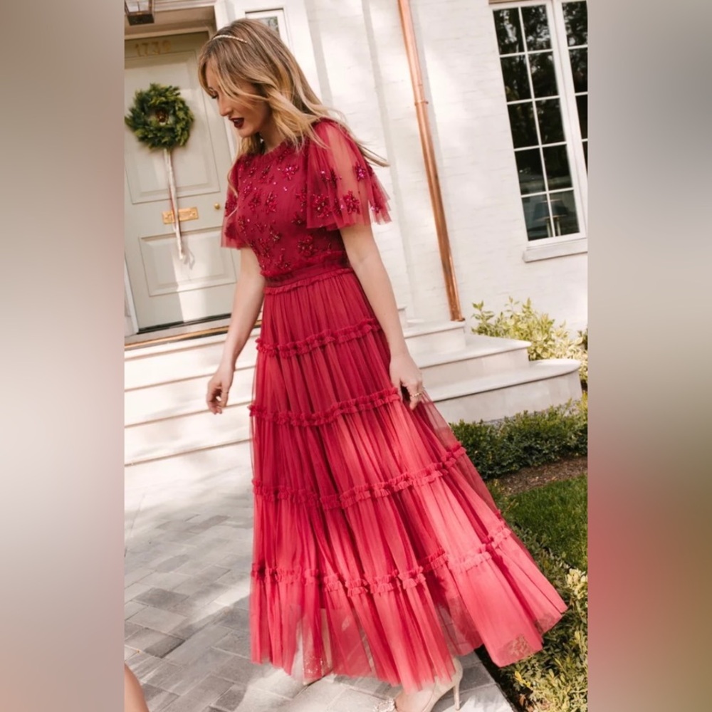 Ivy City Co Anastasia Deep Res Tiered Tulle Maxi Dress - Unbranded